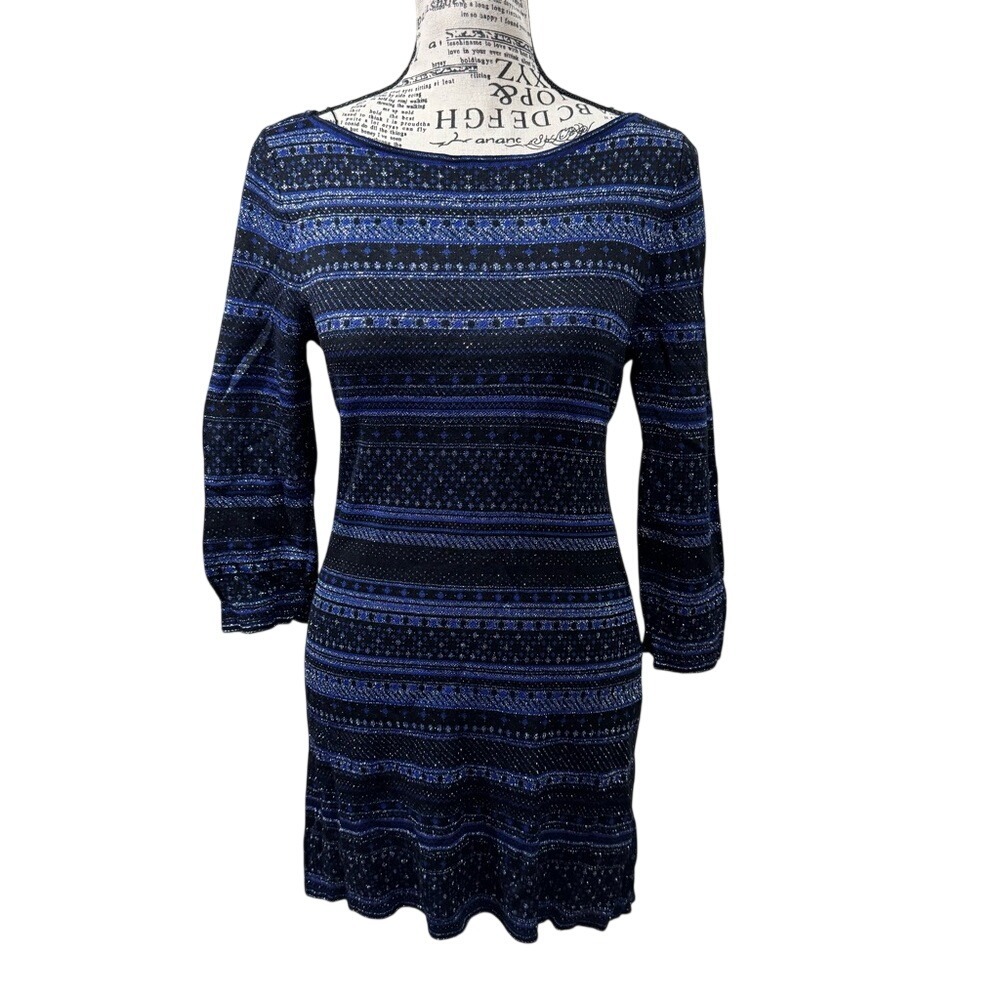 White House Black Market Blue and Black Patterned Dress